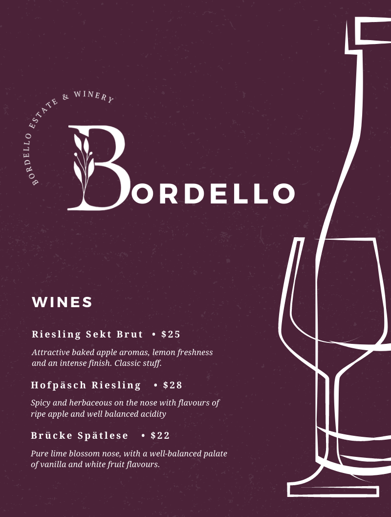 Bordello Wine List Using Logo Concept